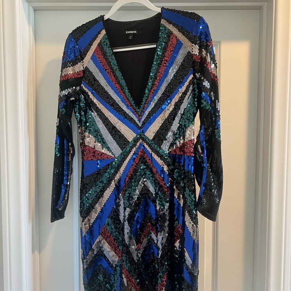 Express V-Neck Multicolor Sequin Dress